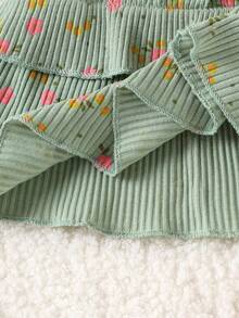 2pcs Baby/Toddler Girls' Cute Fresh Green Floral Print Camisole Ribbed Top + Pants Set, Spring/Summer, Nature Style - Green - View 6