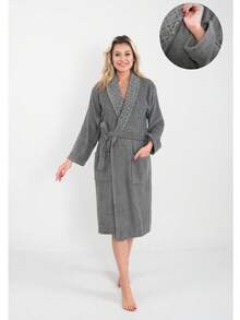 Diamond Pattern Jacquard Shawl Collar Bathrobe - S/M - L/XL - Made In Turkey - Dark Grey - View 3