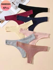 8pcs Assorted Colors Cotton Ribbed Thongs For Women - Soft, Breathable Blend, Stretchy Underwear | Comfortable & Durable For Casual Attire - Màu hỗn hợp - Xem 4