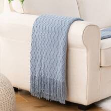 Bluish Grey Throw Blanket For Couch, Textured Knit Throw, Boho Blankets And Throws For Sofa Bed Living Room Decor, Outdoor Throw Blanket, 50"X60" - Bluish Grey - 查看 3