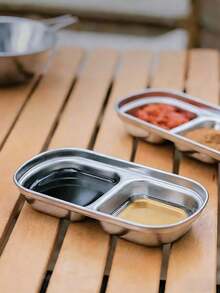 1pc Stainless Steel Hotpot Seasoning Dish, Barbecue Plate, 2/3 Compartment Sauce Dish, Korean Style Condiment Plate - Silver - View 5