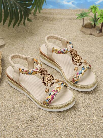 1 par de sandalias de verano para niñas, diseño de girasol, cómodo tacón de plataforma tipo cuña, adecuado para vacaciones, playa, uso casual, punta abierta y de fácil deslizamiento