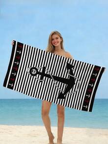 1条时尚简约黑色条纹沙滩巾，印有锚和海洋图案，速干吸水，适合旅行、露营、游泳池、瑜伽、健身、淋浴，必备沙滩度假用品（单面花卉印花，多种颜色可选） - 黑色條紋 - 查看 3