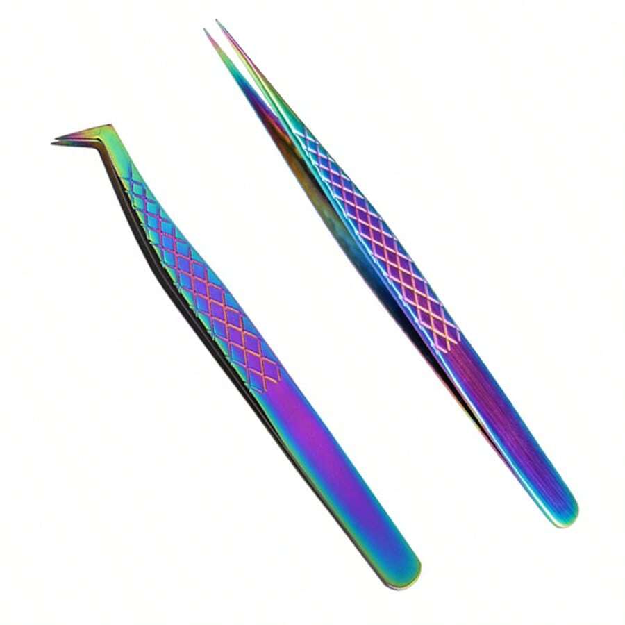 2pcs Stainless Steel Eyelash Tweezers, Multi-Functional Eyelash Tools - Multicolor - View 1