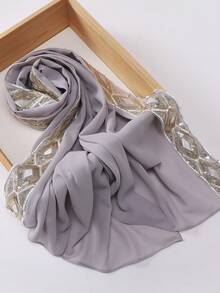 1pc Embroidered Chiffon Muslim Hijab Scarf For Dress - Wine Red - View 12