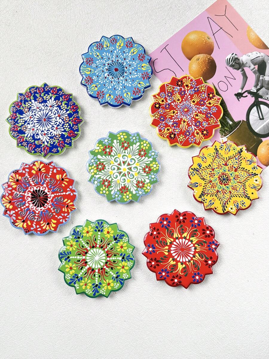 1件复古可爱土耳其风格花卉对称几何图案浮雕陶瓷材质，适用于家居装饰、冰箱贴、白板贴、旅行纪念品以及节日/生日礼物。