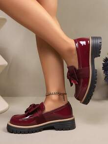 New Women Loafers Thick Sole Fashion Versatile Leather Upper Slip-On Round Toe Black Bow Shoes, Suitable For Spring And Autumn - Burgundy - View 5