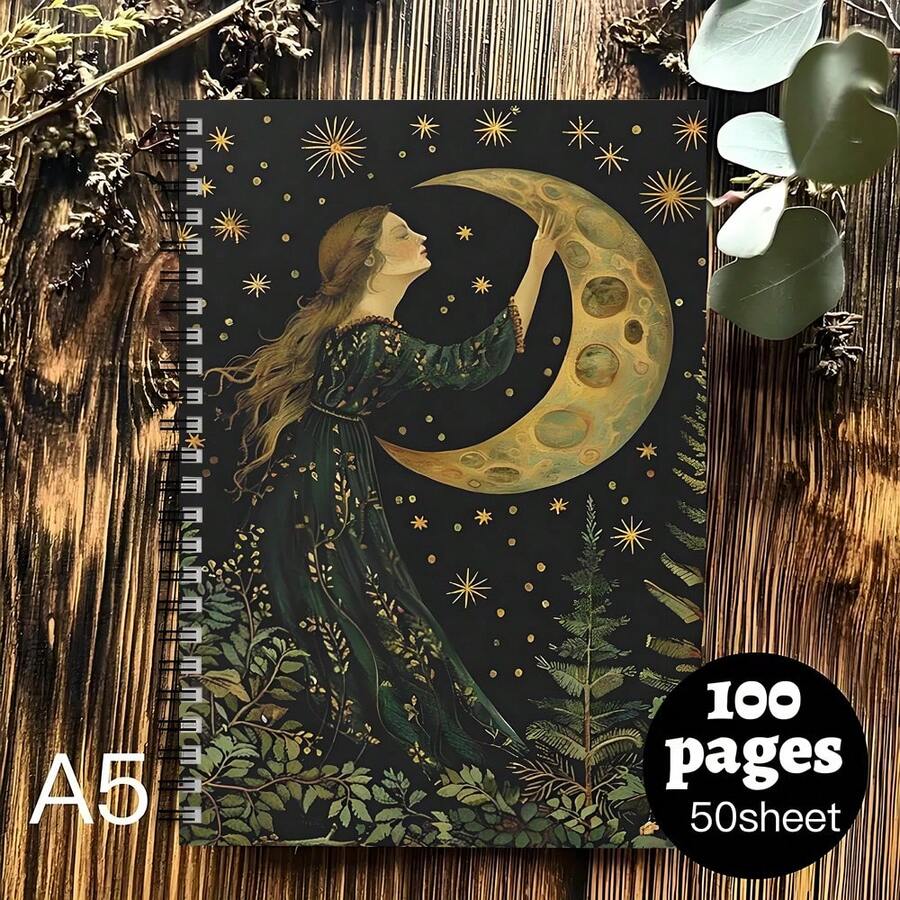 復古螺旋筆記本,星月女孩設計,深森林復古風格,森林與星月氛圍,含50頁橫線頁,適合課堂筆記、日記或工作規劃,適合神秘學愛好者的絕佳禮物,學校用品 - A5 - 查看 1