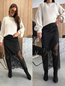 女士纯色优雅蕾丝拼接不对称半身裙 黑色 春季 - 黑色 - 查看 4