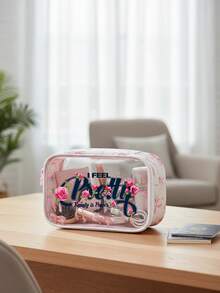 1个透明PU蝴蝶结造型化妆包，印有“我感觉很漂亮”和“美丽就是力量”字样。充满女性力量和自信风格，是一款时尚的化妆品收纳包。 - 彩色 - 查看 3