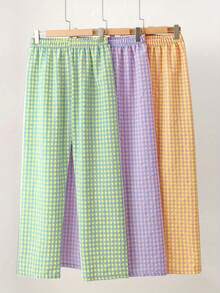 3 piezas Pantalones casuales holgados a cuadros para mujer, de colores caramelo, de cintura alta, de pierna recta, ligeros para verano e invierno - Multicolor - Ver 1