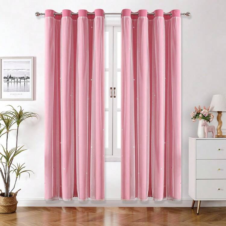 两片星形镂空遮光窗帘，纯色窗帘搭配蕾丝薄纱层，适用于卧室、客厅、女孩房 - 粉色 - 查看 23