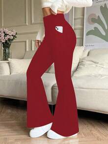 女士高腰纯色喇叭裤，带侧袋，适合休闲、运动、瑜伽、紧身打底裤、跑步、健身等场合。 - 紅色 - 查看 2