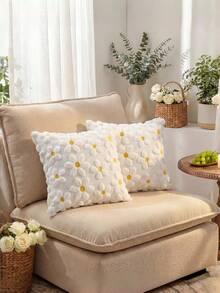 1pc Pink Daisy Decorative Pillow Cover Set, Countryside Style Floral Heart Soft Plush Jacquard Cushion Cover For Home Sofa, Spring/Summer - White - View 5