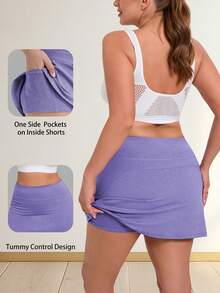 Plus Size Women Sports Skirt Shorts With Pockets, Comfortable Breathable Elastic Casual Versatile Skort For Spring/Summer, Suitable For Running, Fitness, Tennis - Blue - View 3