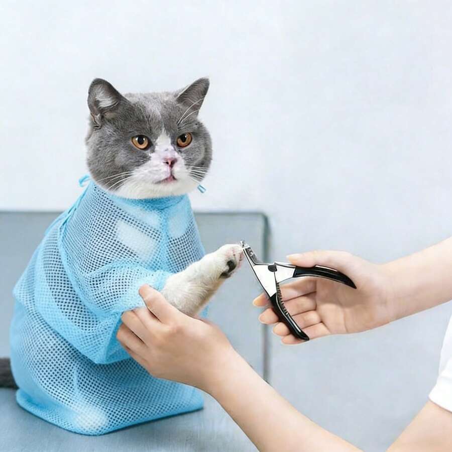 这是一套猫咪指甲修剪套装，包含宠物指甲钳、指甲磨刀器和猫咪清洗袋。指甲钳猫狗均适用。 - 彩色 - 查看 1