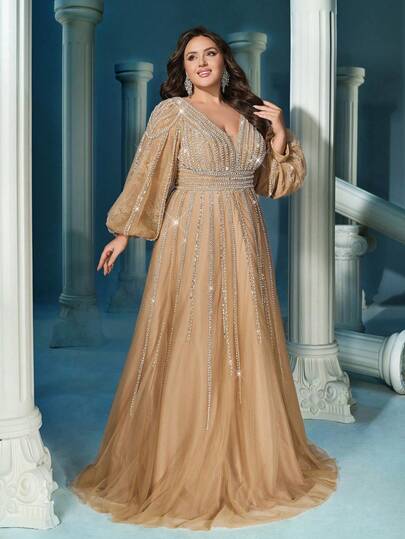 Vestido de noche elegante y formal para mujer de talla grande, escote en V profundo, mangas de obispo con cuentas, falda acampanada, diseño espalda descubierta, tejido entretejido