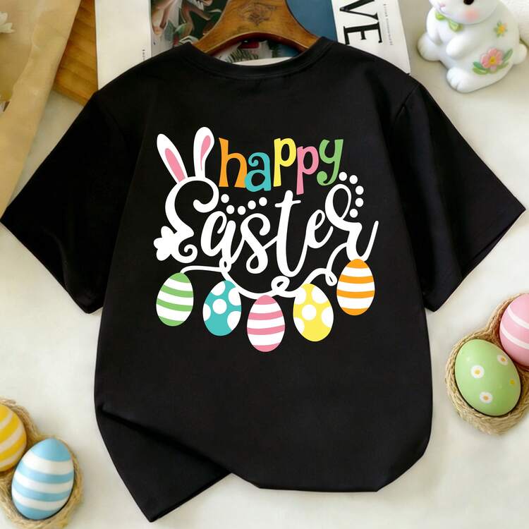 Young Girl Easter Limited Edition Cartoon Egg Double-Sided Print Short Sleeve T-Shirt, Casual Crew Neck Children Clothing - Black - View 14