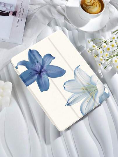 Blue And White Lily Pattern Tablet Case, Compatible With IPad 9.7/10.2/10.5/10.9/12.9/Pro 11, 10th Generation, Compatible With Samsung Galaxy Tab S6 Lite 10.4-Inch, Compatible With Kindle Paperwhite 12th Gen 2024, Kindle (11th Generation) 2022 Version, Soft And Drop Resistant, Intelligent Standing/Automatic Wake-Up/Sleep