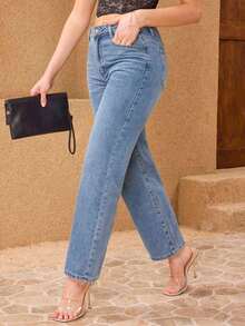 女士休闲直筒牛仔裤，无弹力面料 - 藍色 - 查看 6