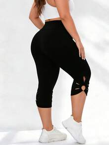 Plus Size Women's Solid Color Side Round Patchwork Tight Yoga Sports Capri Pants, Summer - Black - View 4