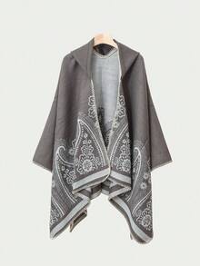 1件佩斯利提花连帽简约斗篷披肩，日常穿着 - 彩色 - 查看 10