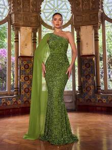 Faeriesty 女士优雅闪亮亮片单肩美人鱼晚礼服 - 适合奢华婚礼、盛大晚宴、颁奖典礼、正式晚宴和红毯活动 - 橄欖綠 - 查看 4