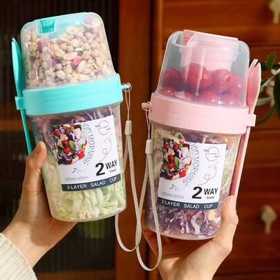 1 pieza Taza de ensalada para el desayuno, Recipiente de alimentos para el desayuno, Taza de ensalada de doble capa creativa, Taza de alimentos ligeros portátiles de frutas y verduras con tapa de tenedor, Taza de yogur, Taza de frutas, Taza adelgazante, Taza de dieta fitness, Taza de avena, Taza de agua portátil, Taza de agua de viaje ligera, Adecuada para picnic, camping, taza portátil, para la escuela, la oficina, la cocina, de vuelta a la escuela, útiles escolares, regalo de festival.
