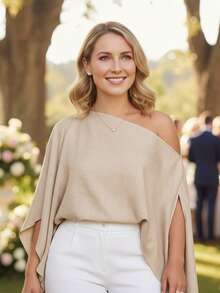 Women's Plus Size Flowy Tops Fashionable Solid Color Batwing Sleeve Off One Shoulder Loose Fit Blouse For Casual Daily Wear - 駝色 - 查看 6