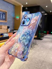 1个水滴蓝粉花朵防摔电镀摄像头保护手机壳，UV印刷，适用于三星Galaxy/Infinix/Redmi/OPPO/VIVO/Realme安卓机型 - 藍色 - 查看 2