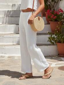 Women's Rib-Knit Pink Flare Leg Pants Long Polyester Medium Stretch Trousers - White - View 1