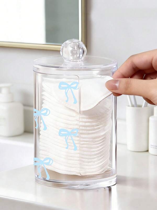 Cute Bow Print Cosmetic Cotton Pad Storage Box, Cotton Swab And Dental Floss Storage Jar, Acrylic Transparent Material Cosmetic Pad Jar, Cosmetic Storage Box, Suitable For Home, Office, Desktop