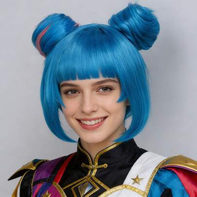 Heat Resistant Short Straight Blue With Pink Highlights Synthetic Bob Anime Cosplay Wig With Double Buns And Bangs For Women Natural Looking Daily Party Costume Wig For Holiday Comic Con Exhibition Wear & Festivals Stage Performance Accessories & Birthday Gifts For Christmas Decors, Beginner Friendly