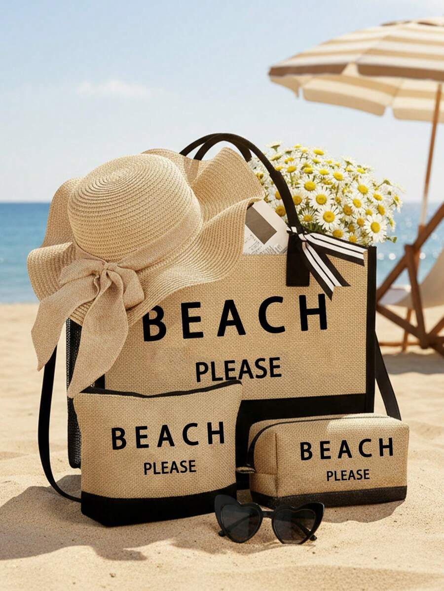 女士沙滩手提包套装，黑色和卡其色，印有“Beach Please”字样，大容量沙滩包内含化妆包、小收纳袋、帽子和可调节肩带，专业化妆包组合，轻松解决旅行途中化妆品收纳难题