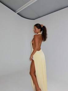 Sunshine Yellow Evening Gown, Fashionable Neck-Revealing Backless Deep V-Neck Sexy Slit Floor-Length Dress For Women, Glamoratti Aesthetic De Skirt - Màu vàng - Xem 9