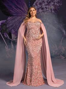 Faeriesty Elegante vestido de fiesta de maternidad talla grande con hombros descubiertos y mangas extra largas hasta los tobillos para mujeres | Parte superior del Body con aplicaciones de lentejuelas y mangas de gasa extra largas, perfecto para bodas de primavera, celebraciones del Día de la Madre, eventos de baby shower, fiestas de jardín - Rosa vieja - Ver 2