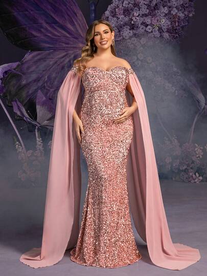 Faeriesty Elegant Maternity Plus Size Off-Shoulder Extra Long Sleeve Maxi Party Gown For Women | Sequin-Embellished Upper Bodice & Sheer Chiffon Extra Long Sleeve, Perfect For Spring Weddings, Mother's Day Celebrations, Baby Shower Events, Garden Parties