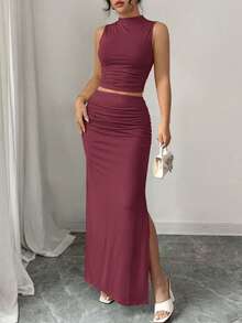 Women Two Piece Outfits Summer Mock Neck Sleeveless Knit Tops Maxi Skirt Set Slim Fit Pencil Skirt Going Out Dress Matching Set For Holiday Vacation Party Evening Club Night Out - 酒紅色 - 查看 5