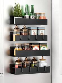 1/2pcs Set Magnetic Side Storage Rack, Suitable For Refrigerator And Washing Machine - No Drilling Required, Fashionable Black Metal Face, Wall-Mounted Spice Organizer, Perfect For Laundry Essentials - Multicolor - View 5