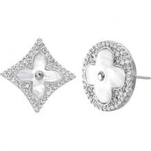 Clover Earrings For Women, Vintage Pearl Earrings, Bridal Earrings, 18K Gold Plated With Mother Of Pearl And AAA Zirconia, 925 Silver Hypoallergenic Posts, Gift For Wedding Anniversary - 銀/B - 查看 8
