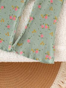 2pcs Baby/Toddler Girls' Cute Fresh Green Floral Print Camisole Ribbed Top + Pants Set, Spring/Summer, Nature Style - Green - View 5