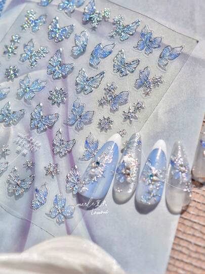 Schmetterling Nail Art Aufkleber Dekor Blaue Schmetterlinge 5D Prägung Nail Decals Muschel Leichte Schmetterlinge Nail Designs Klebende Aufkleber Maniküre Accessoires für Frauen Mädchen DIY Nail Art Dekorationen Zubehör