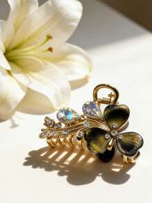 Valentine's Day Gift Y2K Sweet Girl Style Iridescent Clover Teardrop Rhinestone Hair Claw Iridescent Petal + Teardrop Rhinestone Exquisite Hair Clip Multi-Color Options Suitable For Valentine's Date/Daily Commute/Girls' Gathering Exquisite Aesthetic Hair Accessory - Multicolor - View 4