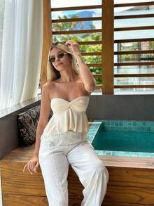 Women's Boho Chic Strapless Embroidered Top ✨ Front Tie With Cutout Detail | Summer Fashion ☀️ Knotted Fabric / Cutouts Beach Vacation Summer - 白色 - 查看 2