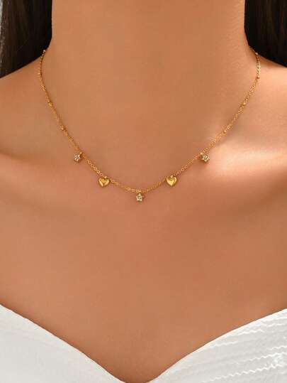 1件装奢华心形流苏五角星锆石项链，时尚颈链，适合女性佩戴，百搭，适合派对、送礼或日常佩戴