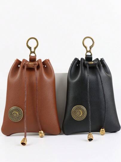 1个复古棕/黑色PU皮革抽绳腰包，带徽章 – 中世纪角色扮演节日腰包