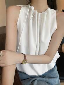 Áo tank top nữ cổ tròn, dáng rộng, thắt dây rút, màu trắng, kiểu dáng thường ngày, thích hợp cho mùa hè. - trắng - Xem 2