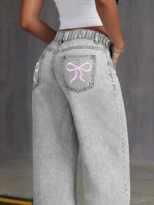 Jeans de mezclilla desgastados y oversize con bordado de mariposa para niñas preadolescentes, pantalones rectos de pierna ancha y de ajuste holgado - Gris - Ver 4