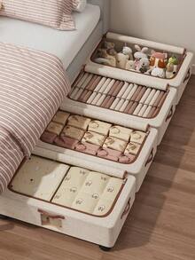 1pc Fabric Storage Box With Wheels, Foldable Portable Clothes Storage Bin, Removable Wheels, Dual Handles, Steel Frame Support For Wardrobe, Room, Dorm, Bedding, Bedroom Storage, Valentine's Day Gift & Decor - Beige - View 2