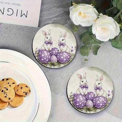 4pcs Easter Cute Retro Style Round Silicone Coasters, Featuring Purple Bow, White Rabbit, Purple Eggs, Floral Patterns, Suitable For Protecting Tabletop, Fit Various Cups, Great For Home, Easter Party, Can Be Used As Coasters Or Vintage Decor, Silicone Material Easy To Clean